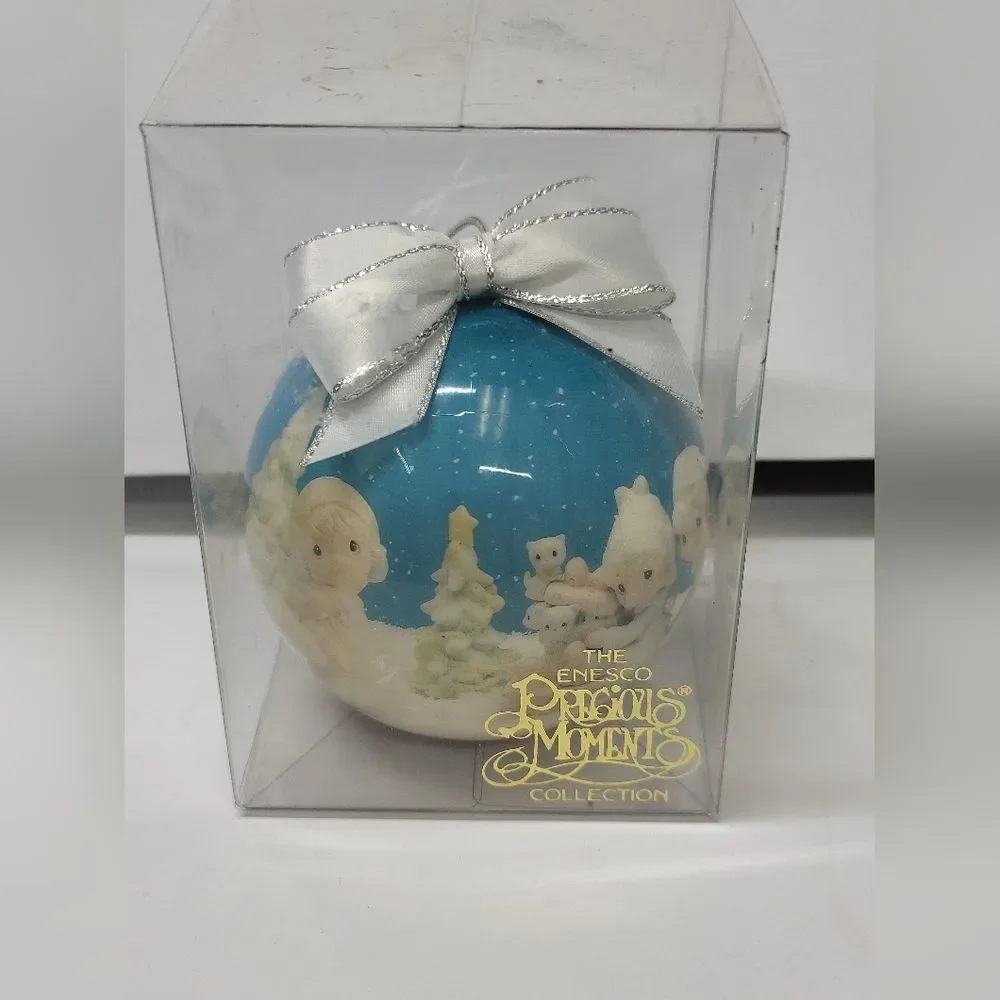Lot of 4 Precious Moments Holiday Ornaments 1994 Enesco Round Balls Bows